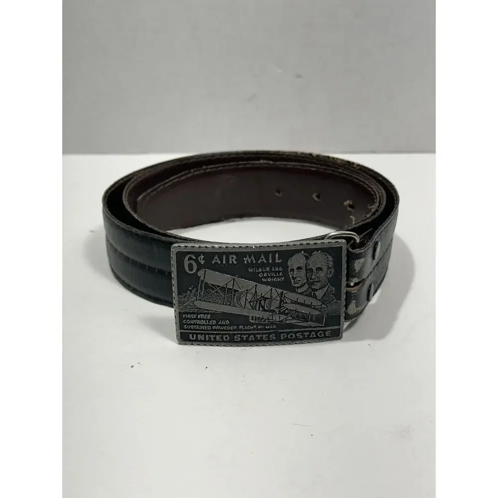 6 Cents‎ Air Mail US Postage Stamp Pewter Belt Buckle Argentina Leather Belt 38